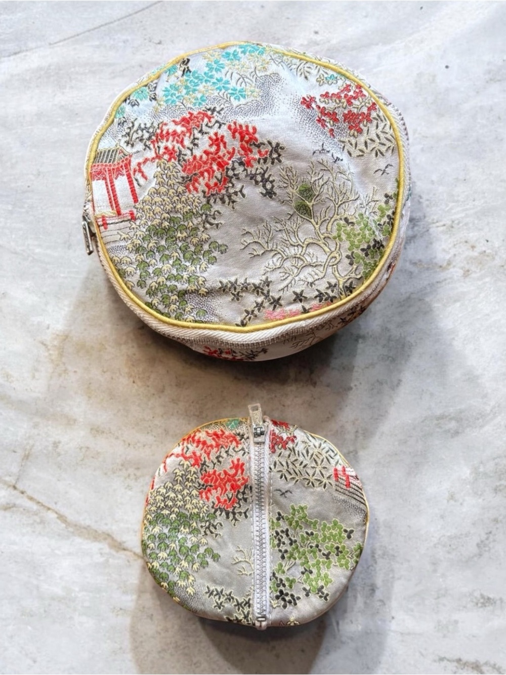 Vintage Silk Brocade Jewelry Travel Case Set | Pagoda Chinoiserie | Set of 2